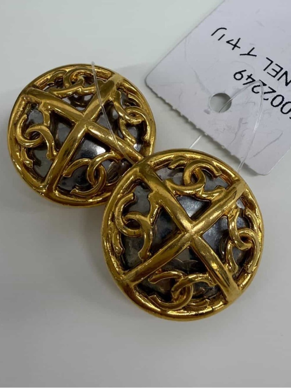 CHANEL Gold and Black Filigree Authentic Vintage Clip on Earrings mark on back